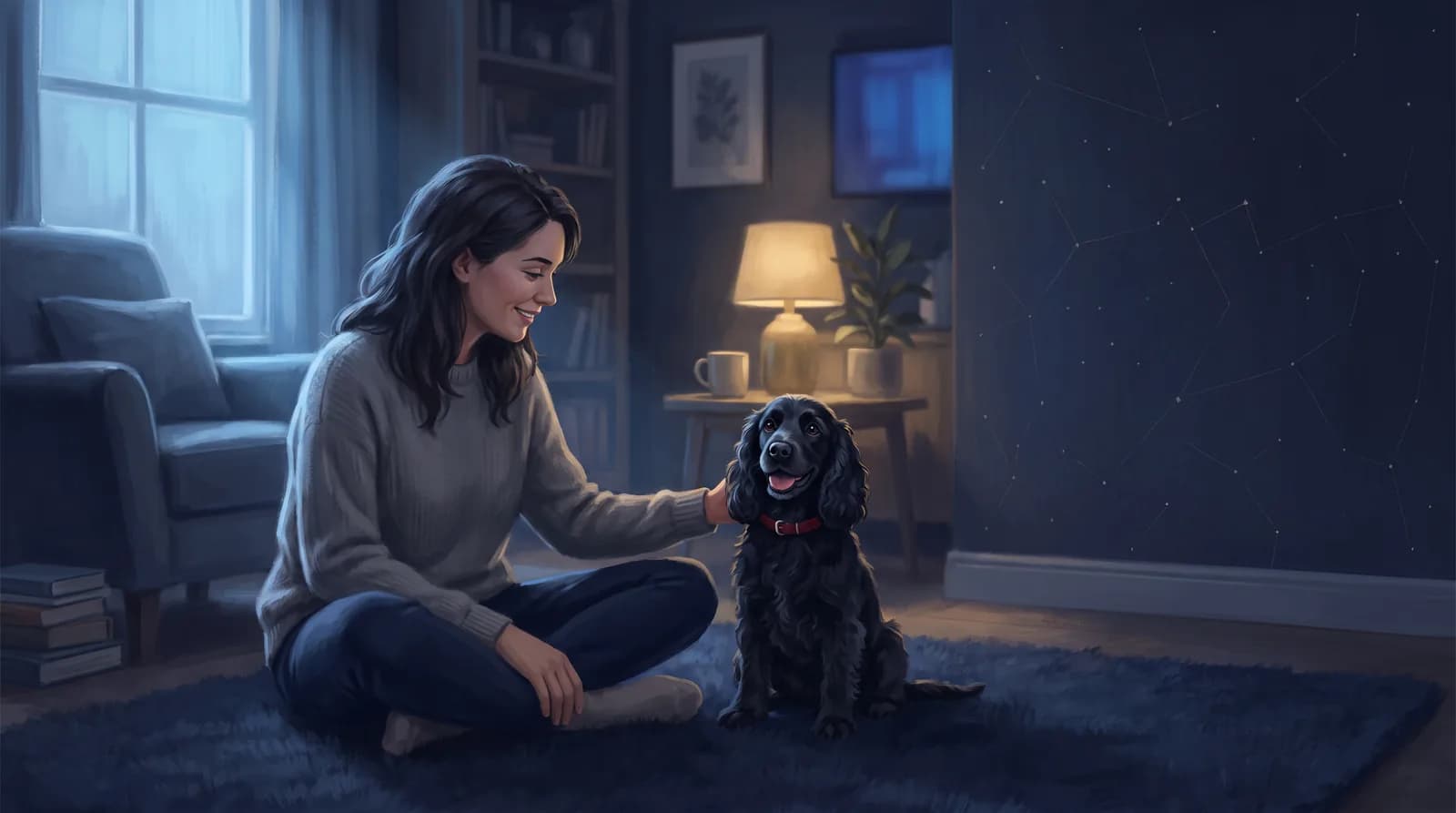 A woman sits cross-legged on a rug at home in the evening, smiling down at her black curly-coated spaniel, who sits upright beside her in a red collar.