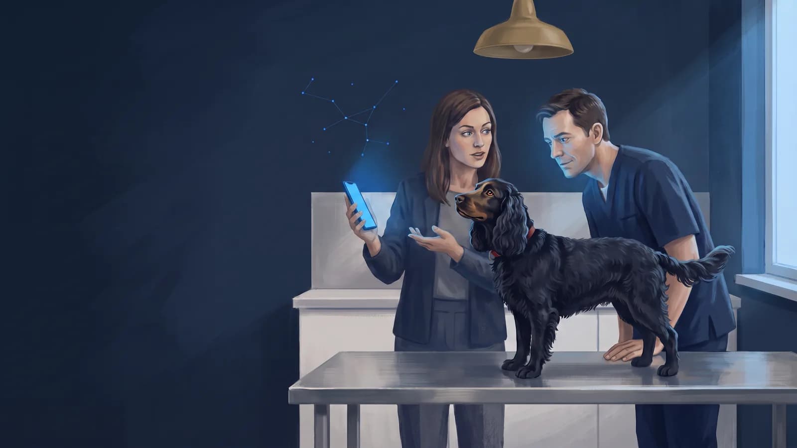 A woman turns her phone so her veterinarian can read it, while her black curly-coated spaniel stands calmly on the consulting table between them.