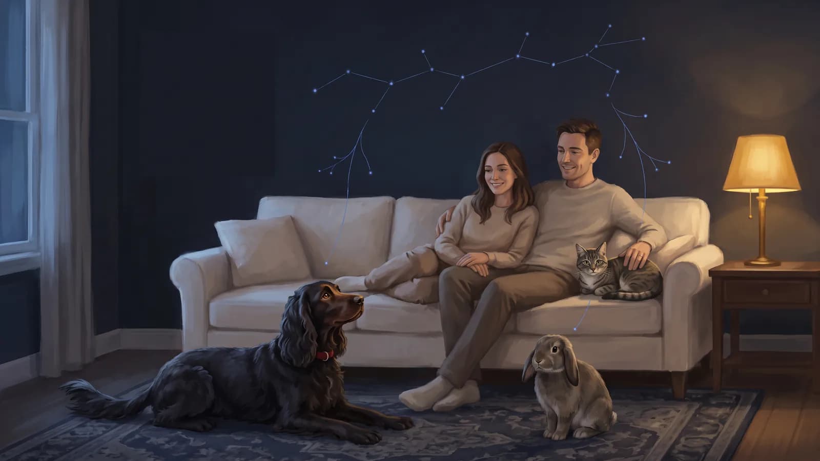 Two people share a lamplit living room in the evening with three animals — a black curly-coated spaniel, a tabby cat and a rabbit.