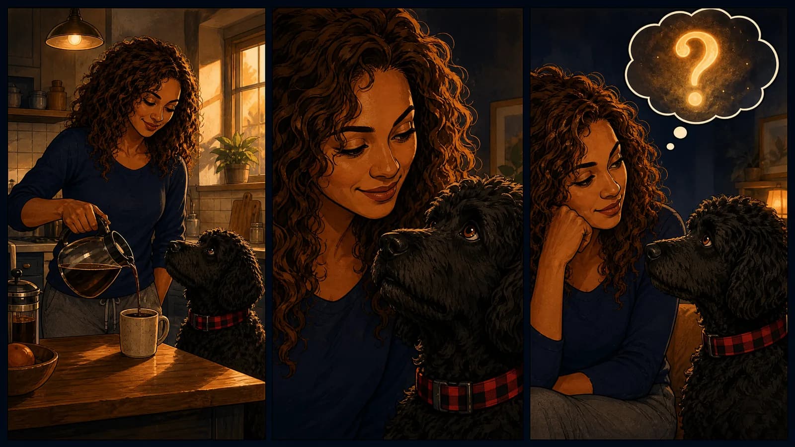 Three panels: a woman pours coffee in a sunlit kitchen while her black curly-coated dog watches; she smiles down at him close up; then she rests her chin on her hand looking at him, a question mark in a thought bubble above her.