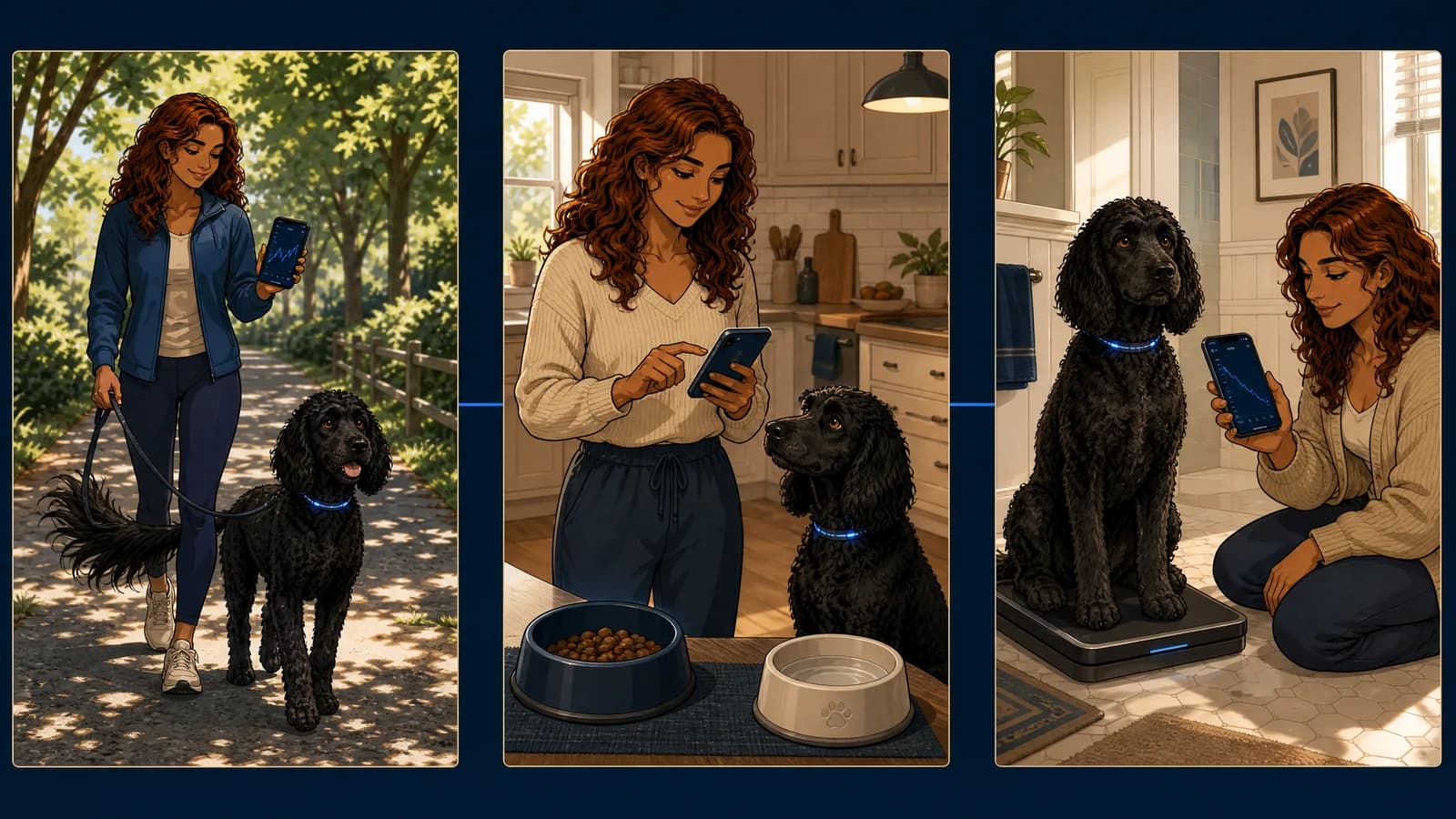 Three panels: walking the dog on a wooded path while holding a phone; checking the phone beside his food and water bowls; and the dog standing on floor scales as she reads the result.