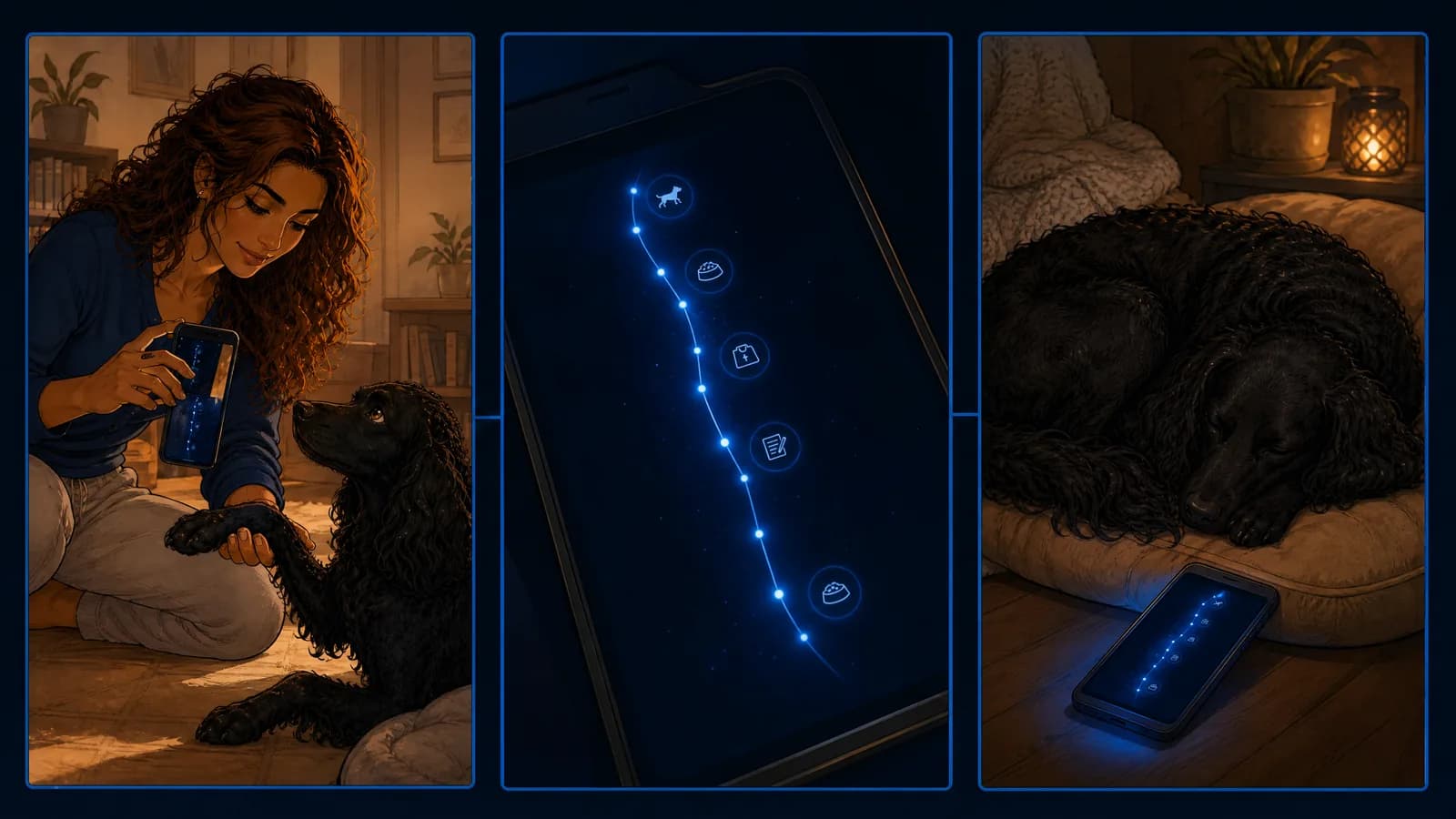 Three panels: the woman sits on the floor holding her phone and the dog's paw; a close-up of the phone showing a chain of glowing dots linking small icons; and the dog asleep on his bed at night with the phone glowing on the floor.