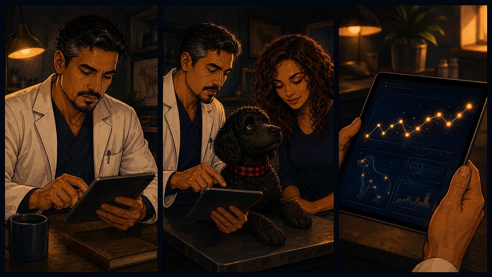 Three panels: a veterinarian reads a tablet at his desk; he points at it with the dog on the exam table and the owner beside him; and a close-up of the tablet showing a rising line of connected dots.