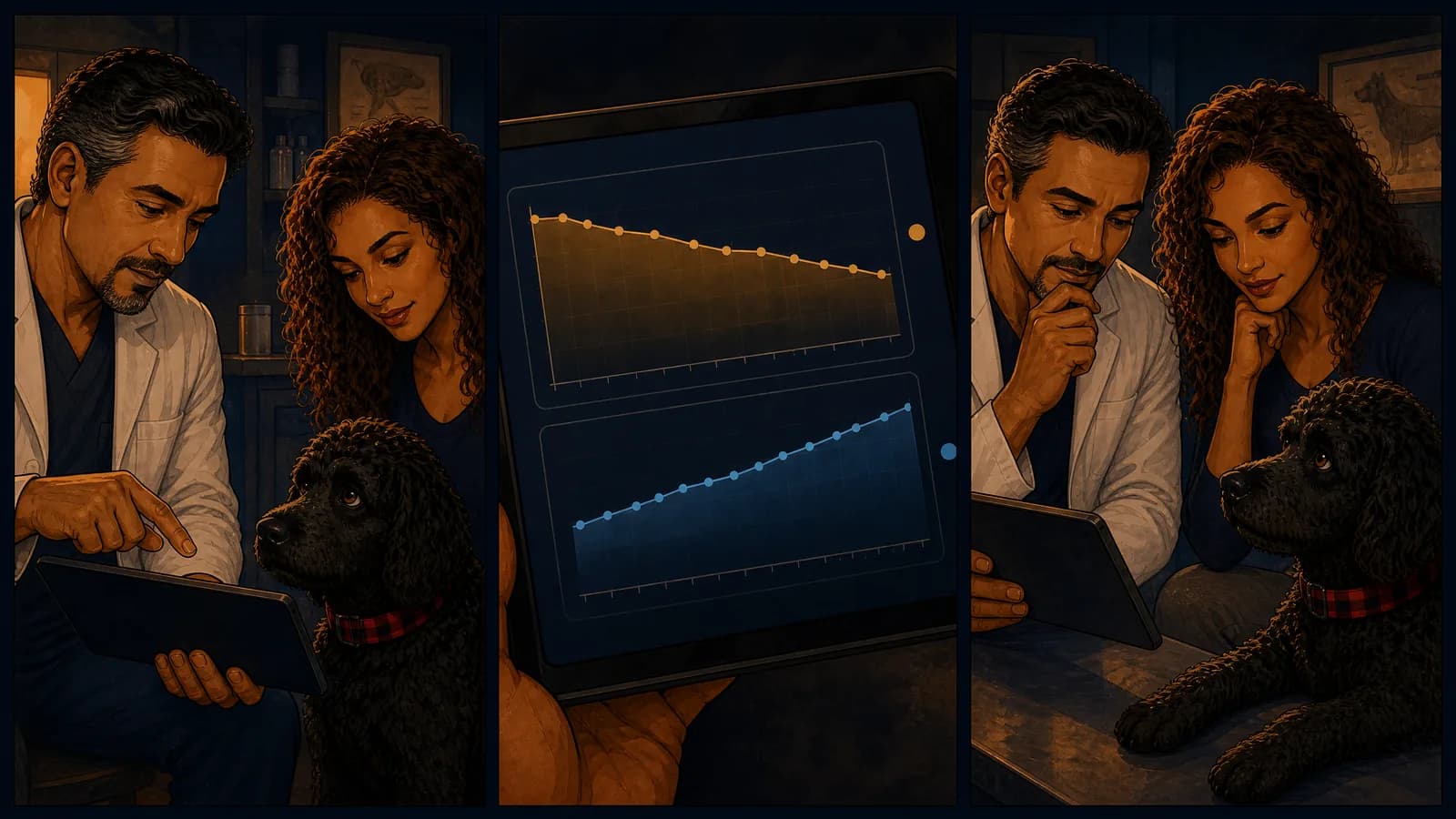 Three panels: the vet points at his tablet while the dog watches; a close-up of two charts, one sloping down and one rising; and the vet and owner both pausing, hands to their chins.