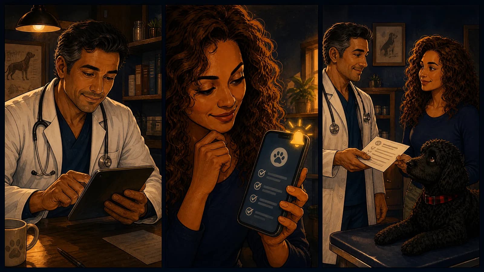 Three panels: the vet setting something up on a tablet; the owner smiling at a phone showing a checklist with a notification bell; and the vet handing her a printed plan across the exam table.