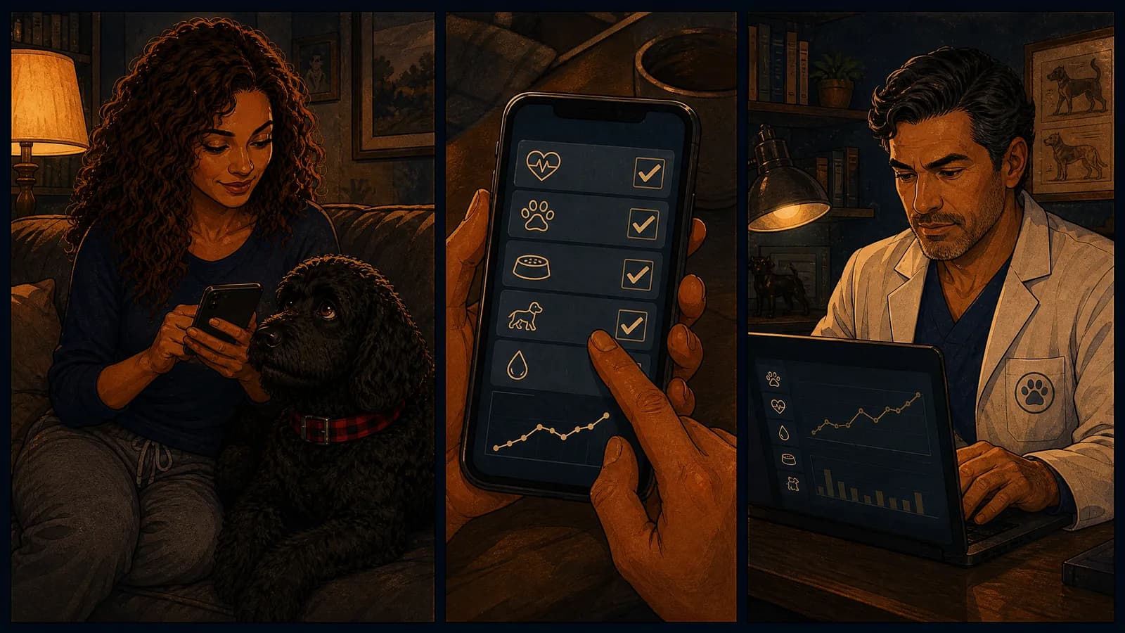 Three panels: the owner on the sofa with her phone and the dog beside her; a close-up of a checklist being ticked off; and the vet reviewing the same data on a laptop.