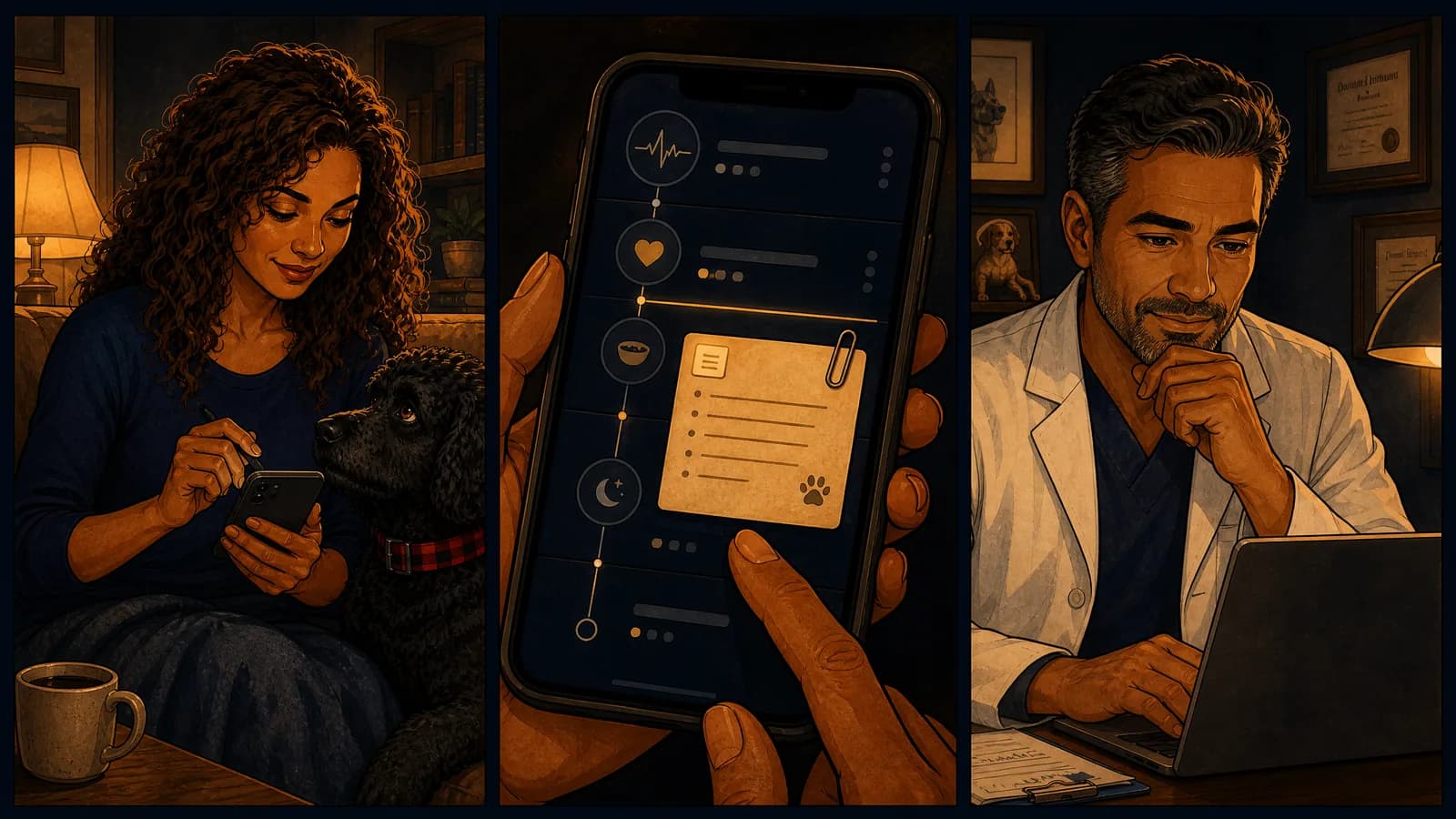 Three panels: the owner writing a note on her phone with the dog beside her; a close-up of a written note attached to the timeline; and the vet reading it later at his laptop.