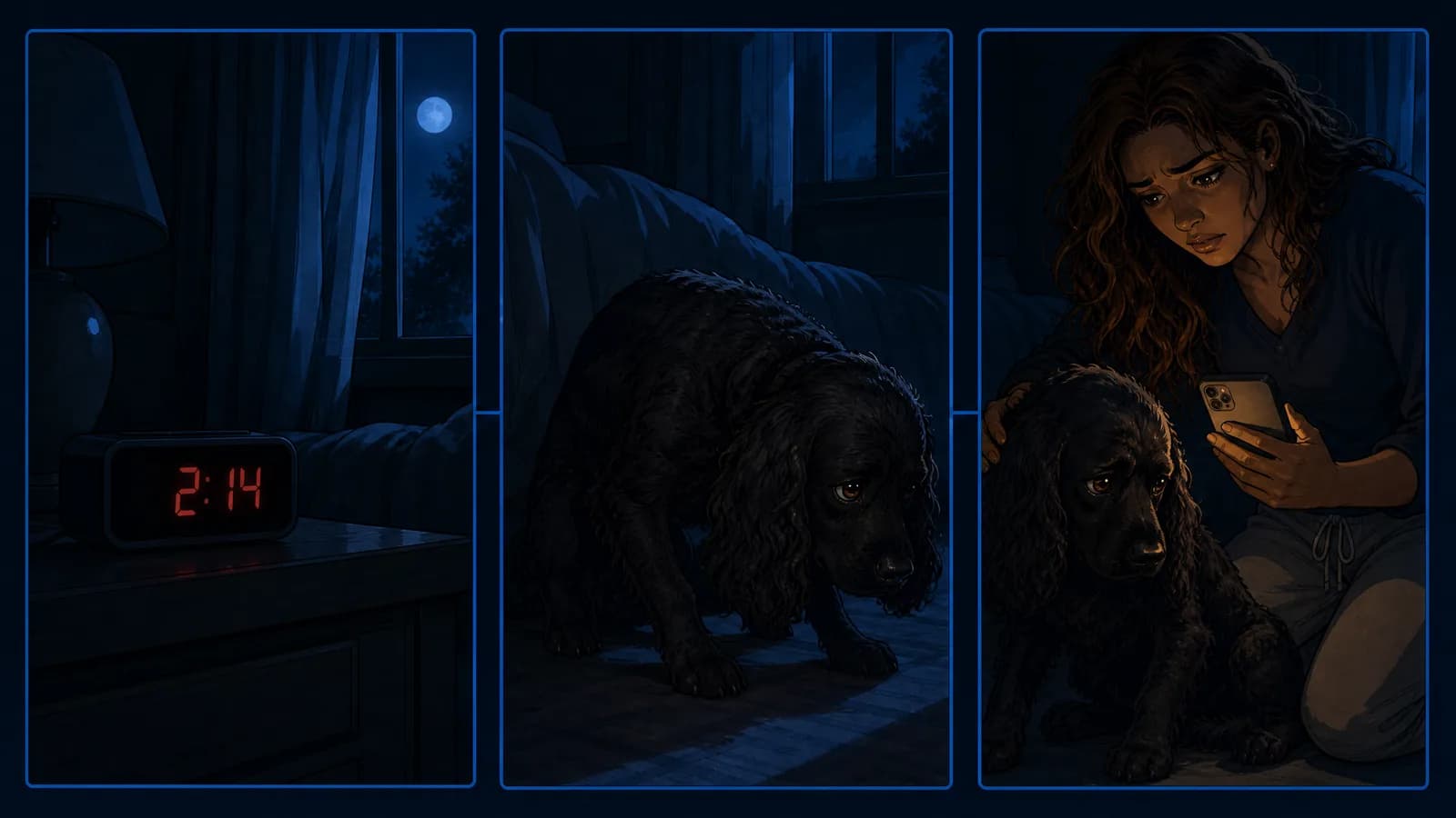 Three panels: a bedside clock reading 2:14 with a moon at the window; the dog standing in the dark with his head low; and the owner crouched beside him, worried, phone in hand.