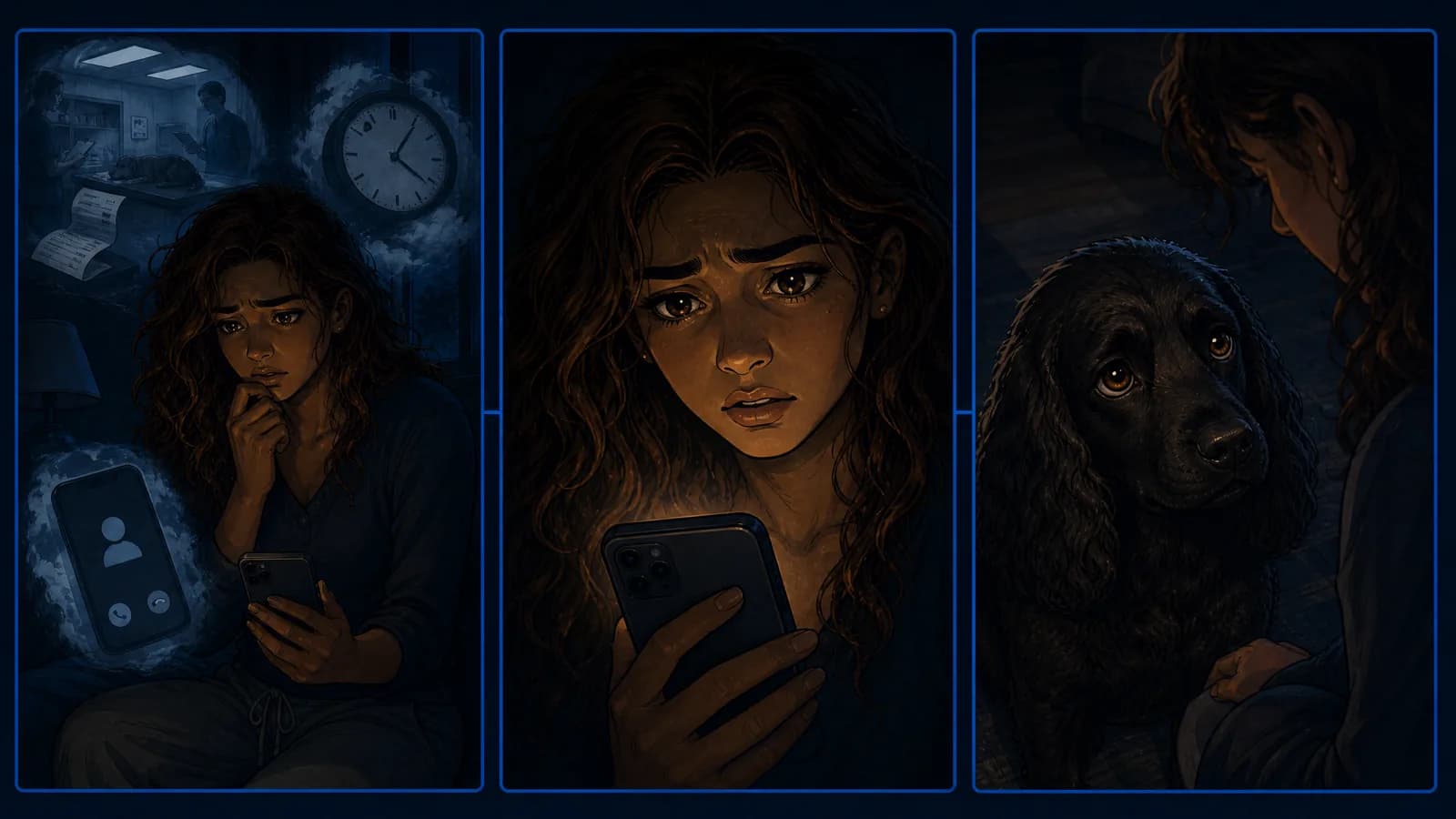 Three panels: the owner surrounded by imagined outcomes — a clinic, a clock, a phone call; a close-up of her frightened face lit by the screen; and the dog looking up at her.