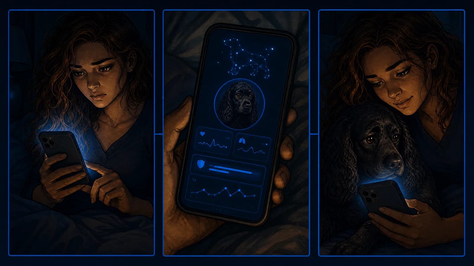 Three panels: the owner opening her phone in bed; a close-up of the screen showing the dog's profile and his readings; and the two of them lying together, calmer.