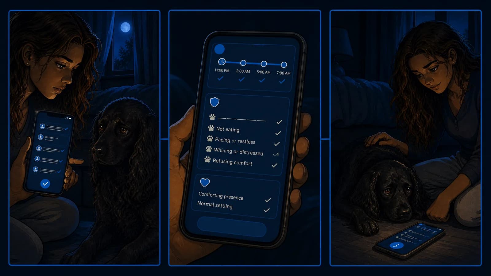 Three panels: the owner showing the dog a checklist on her phone; a close-up of a monitoring timeline and a list of warning signs; and the dog settling while she strokes him.