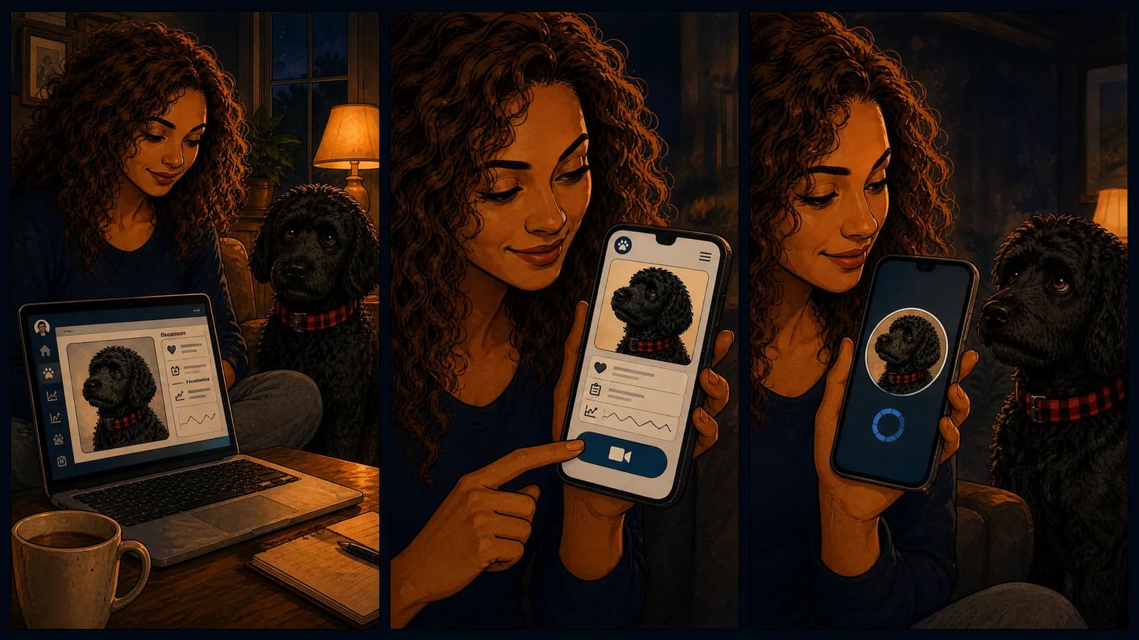 Three panels: the owner at her laptop with the dog's record open; a close-up of her tapping a video-call button; and the call connecting.