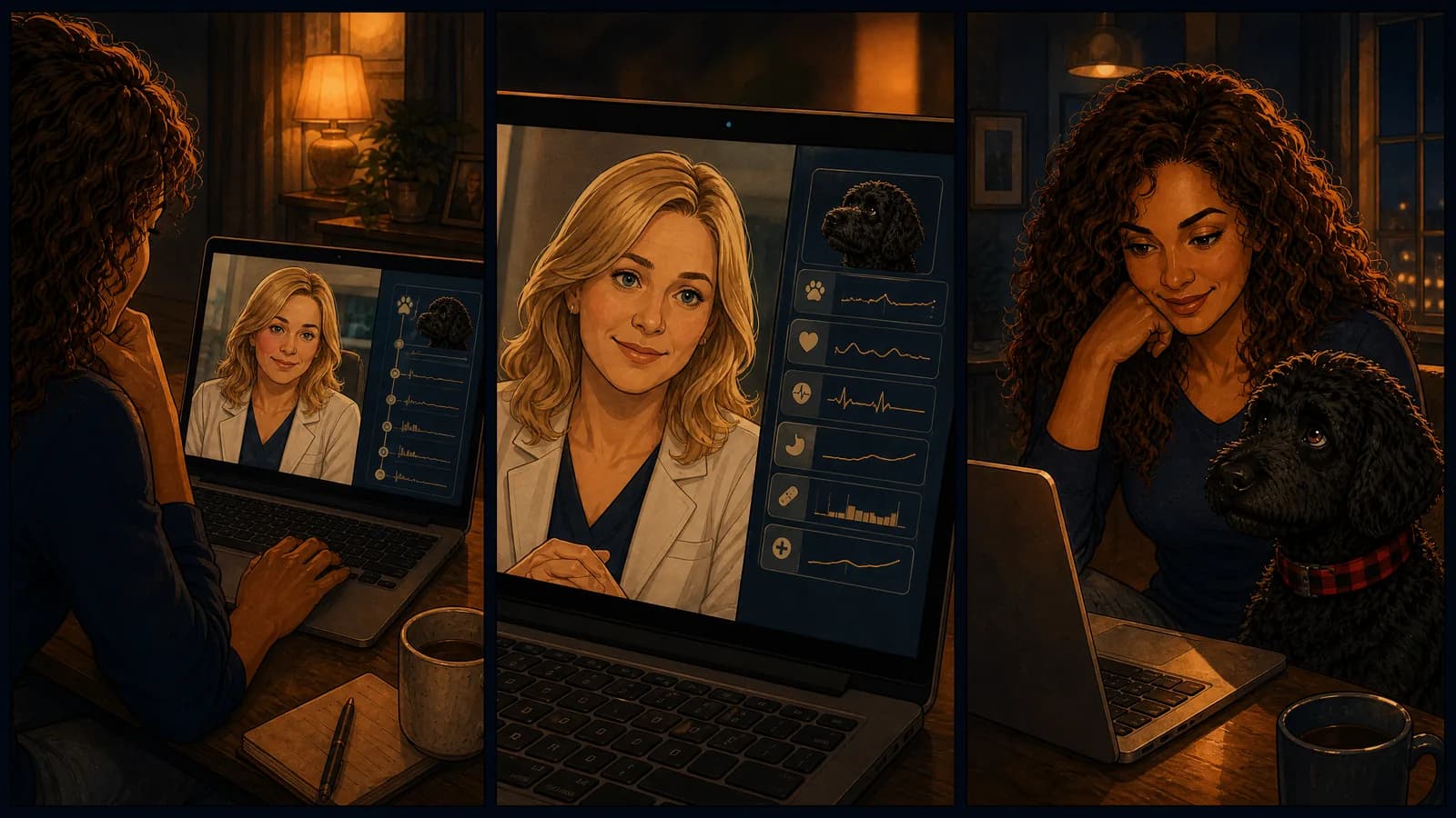 Three panels: the owner at a laptop talking to a veterinarian on screen; a close-up of the call with the dog's charts open beside it; and the owner smiling with the dog beside her.