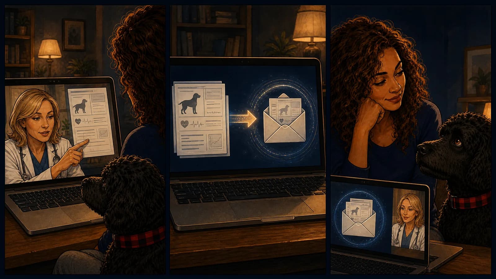 Three panels: the veterinarian pointing at a referral document on the call; a close-up of the papers sliding into an envelope; and the owner with the dog as it is sent.
