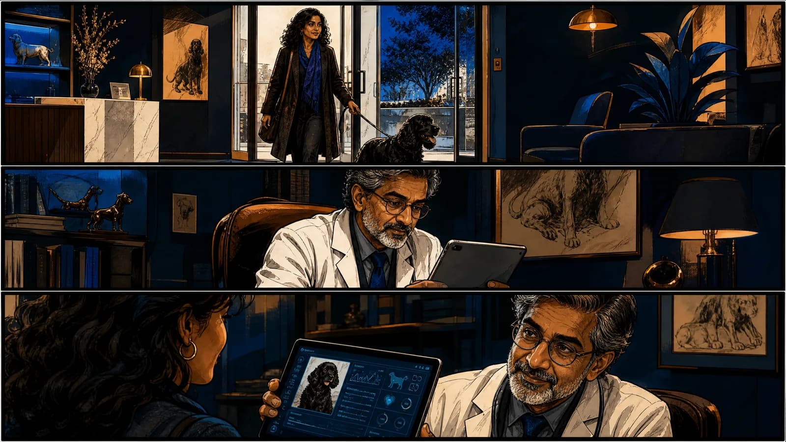 Three wide panels: the owner arriving at an unfamiliar specialist clinic with the dog on a lead; the specialist reading a tablet in his consulting room; and him showing her the dog's record.