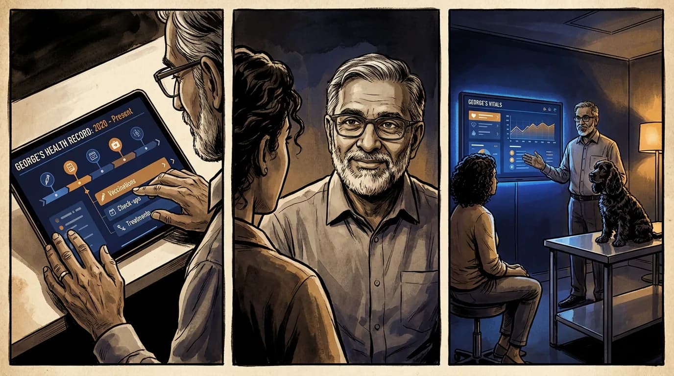 Three panels: hands scrolling a health record spanning years; the specialist listening to the owner; and him presenting the dog's vitals on a wall screen while the dog sits on the table.