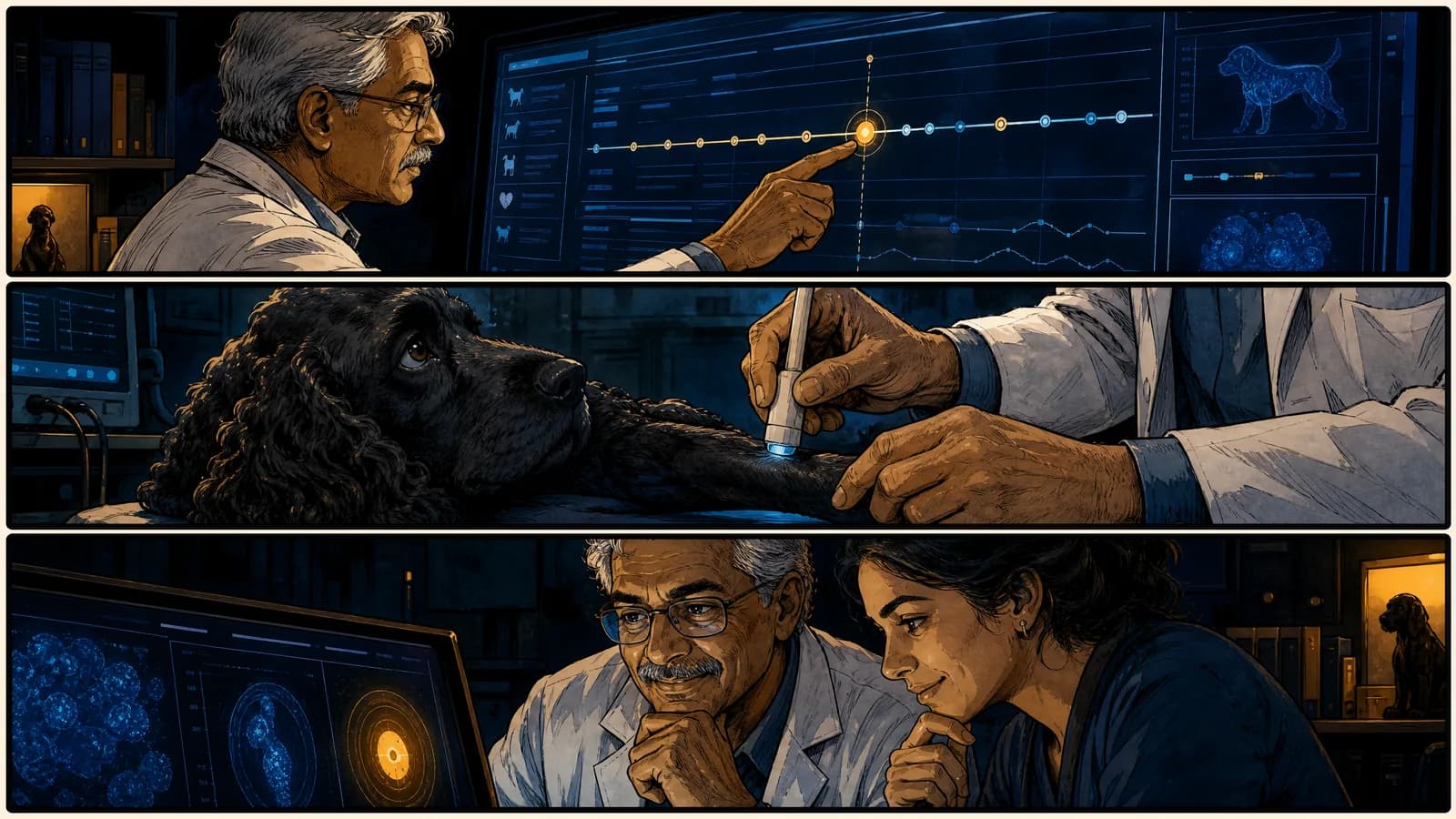 Three wide panels: the specialist marking one point on a long timeline; a single sample being taken from the dog's foreleg; and the specialist and owner reading the result together.
