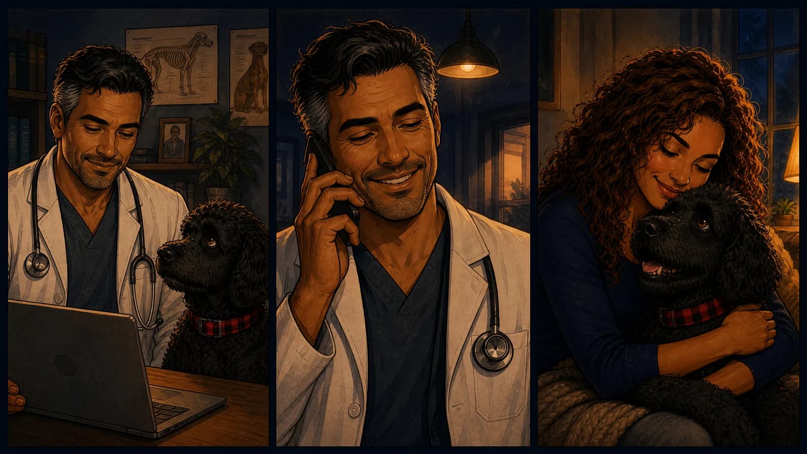 Three panels: the vet reading good news at his laptop with the dog beside him; the vet smiling on the phone; and the owner holding the dog close, both happy.