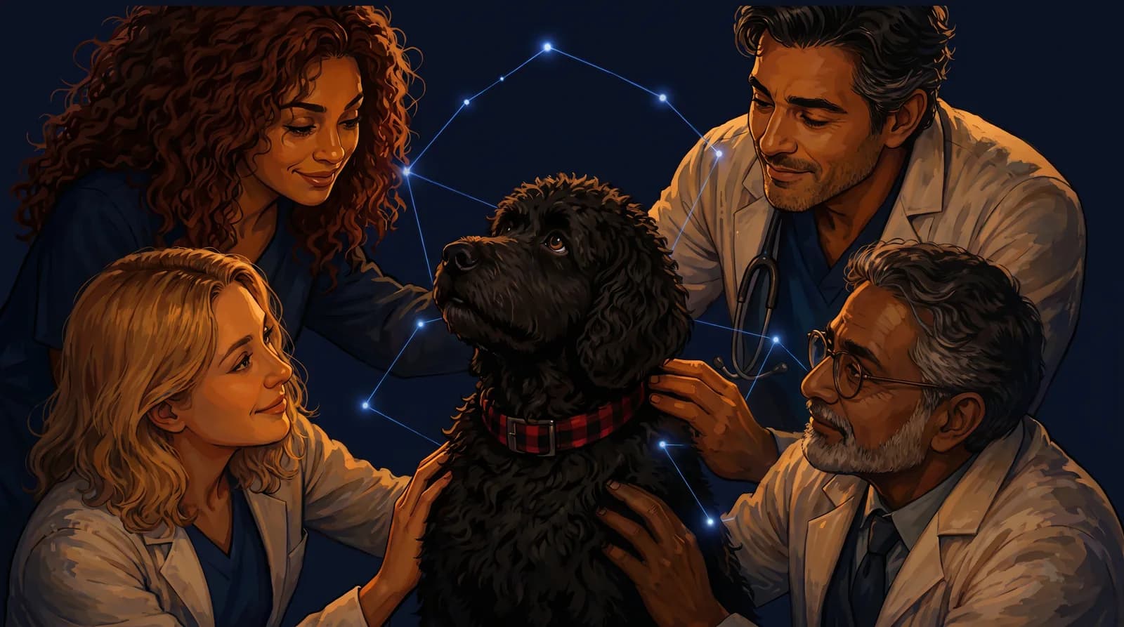 The owner, two veterinarians and a specialist gathered around the dog, joined by faint lines of light.