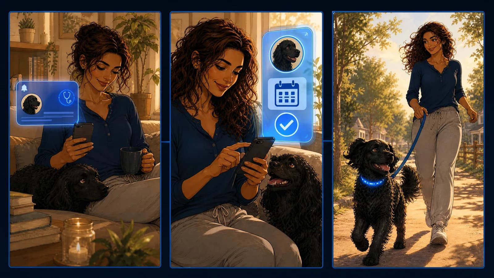 Three panels: the owner at home with a reminder on her phone and the dog on her lap; booking the next appointment; and the two of them out walking in bright daylight.