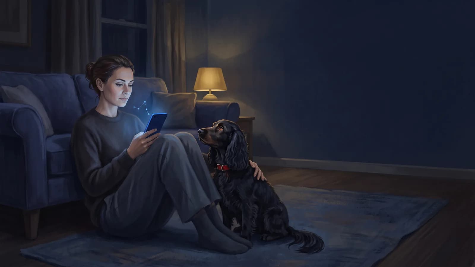 A woman sits on the floor at night beside her black curly-coated spaniel, reading her phone; the dog lies against her leg with his head up, watching her.